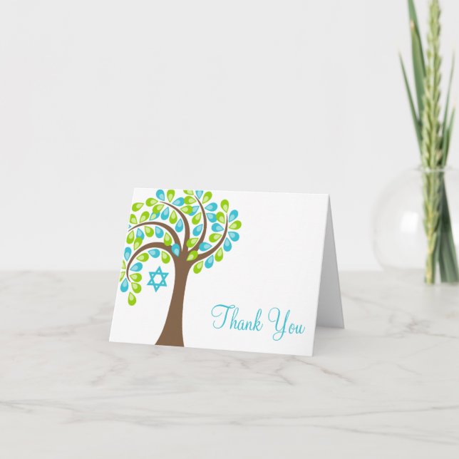 Modern Tree of Life Teal Blue Green Thank You Card (Front)