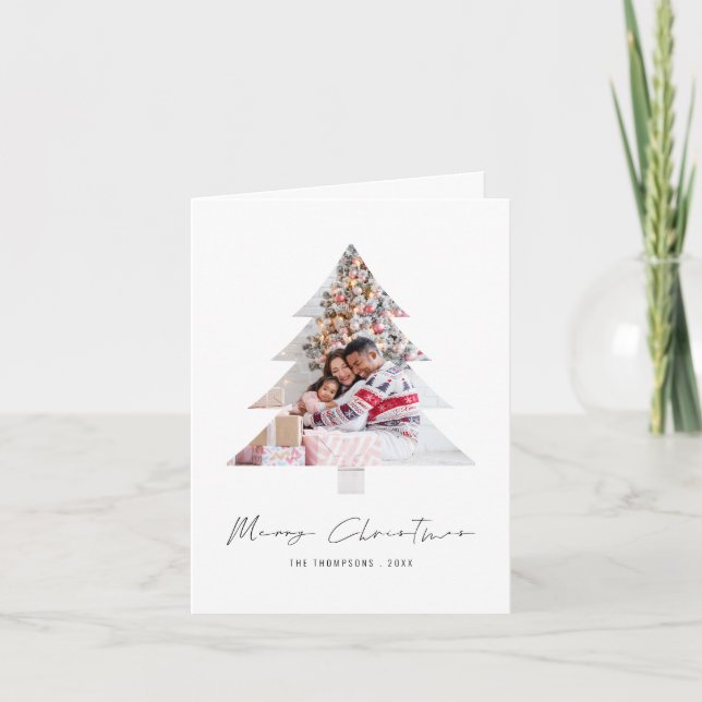 Modern Tree Shape Photos Merry Christmas Holiday Card (Front)