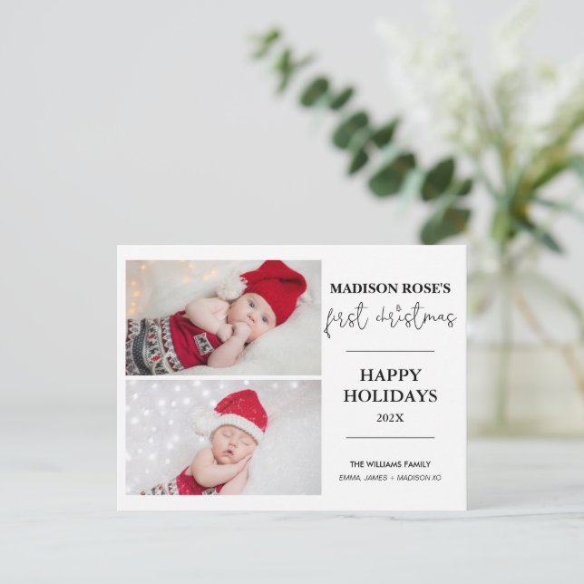 Modern Tree Two Photo First Christmas Postcard (Standing Front)