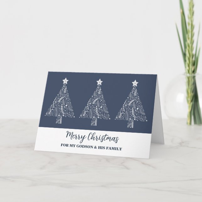Modern Trees Godson & Family Merry Christmas Card (Front)