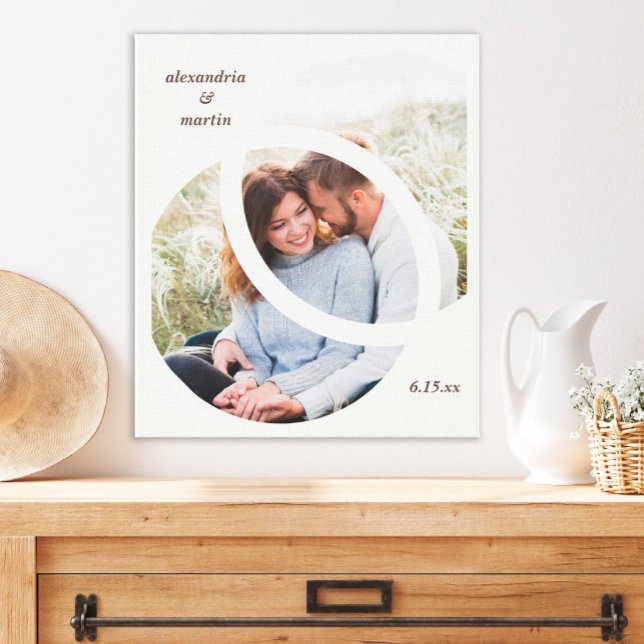 Modern Trendy 2 Circle Photo Frame Wedding Date  Canvas Print (Creator Uploaded)
