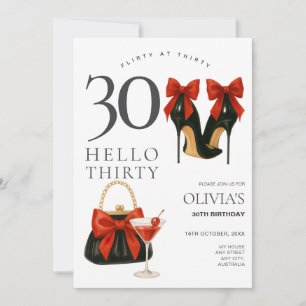 Modern Trendy 30th Black & Red Birthday Party Invitation