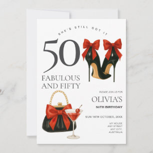 Modern Trendy 50th Black & Red Birthday Party Invitation