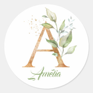 Modern trendy A monogram green and gold foil Classic Round Sticker