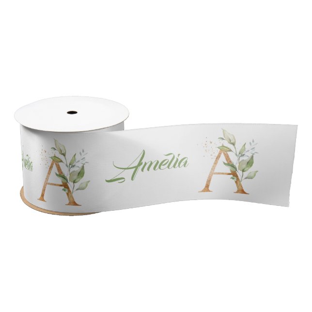 Modern trendy A monogram green and gold foil  Satin Ribbon (Spool)