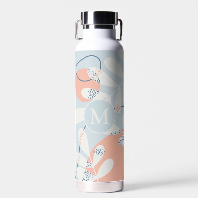 Modern Trendy Abstract Botanical Art Monogram Water Bottle (Front)