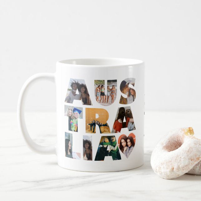 Modern Trendy AUSTRALIA Heart 10 Photo Collage Coffee Mug (With Donut)