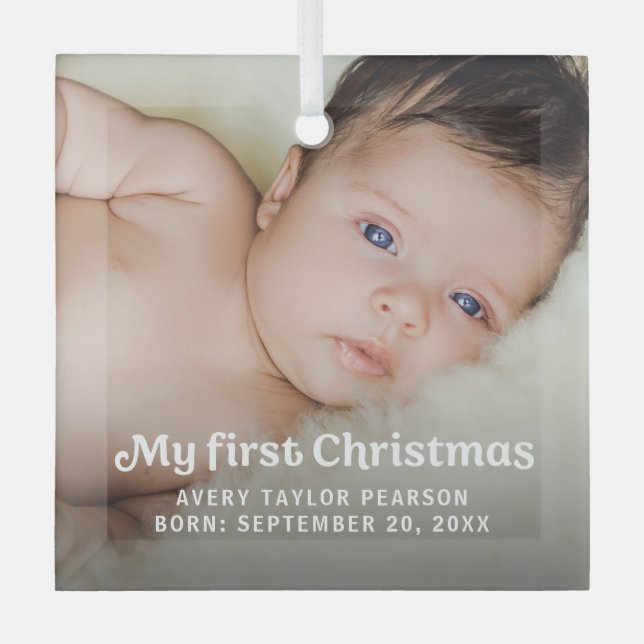 Modern Trendy Baby's First Christmas Custom photo Glass Ornament (Front)