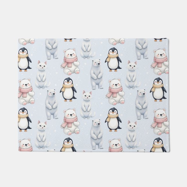 Modern Trendy Bear penguin cat Seamless Pattern  Doormat (Front)