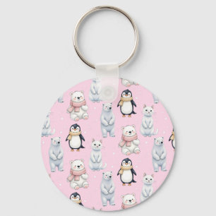 Modern Trendy Bear penguin cat Seamless Pattern Keychain