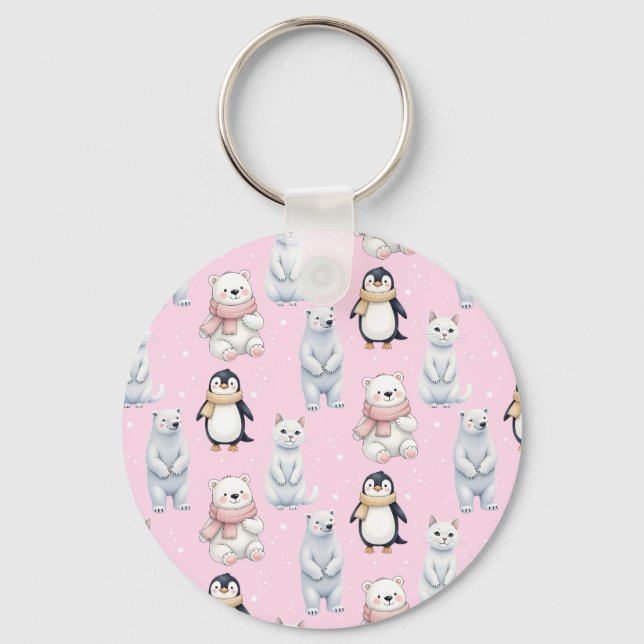 Modern Trendy Bear penguin cat Seamless Pattern    Keychain (Front)