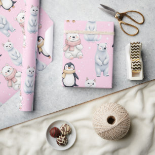 Modern Trendy Bear penguin cat Seamless Pattern  Wrapping Paper