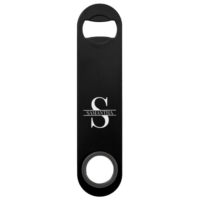 Modern Trendy Black and White Monogram Name Bar Key (Front)