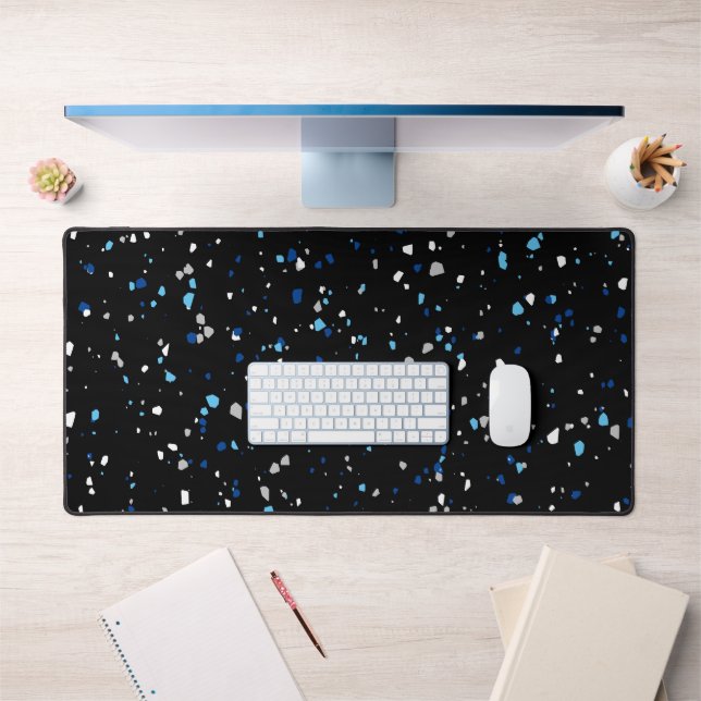 Modern Trendy Black Blue Terrazzo Pattern Desk Mat (Office 1)
