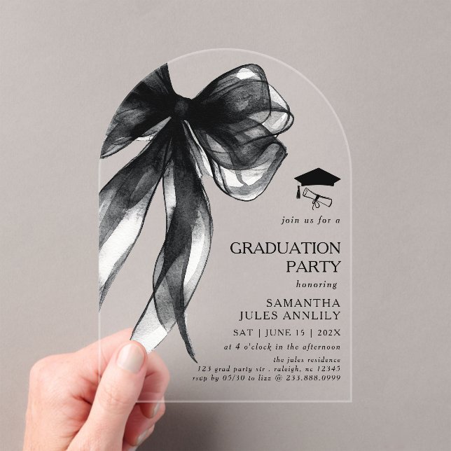 Modern Trendy Black Bow Arch Graduation Party  Acrylic Invitations (Insitu (Handheld))