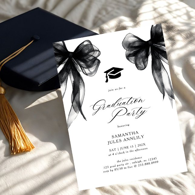 Modern Trendy Black Bow Graduation Party  Invitation (Creator Uploaded)