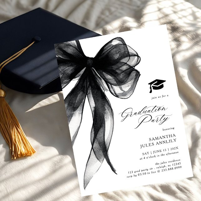 Modern Trendy Black Bow Graduation Party  Invitation (Creator Uploaded)