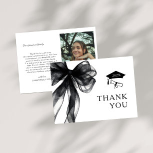 Modern Trendy Black Bow Photo Graduation Party Thank You Card