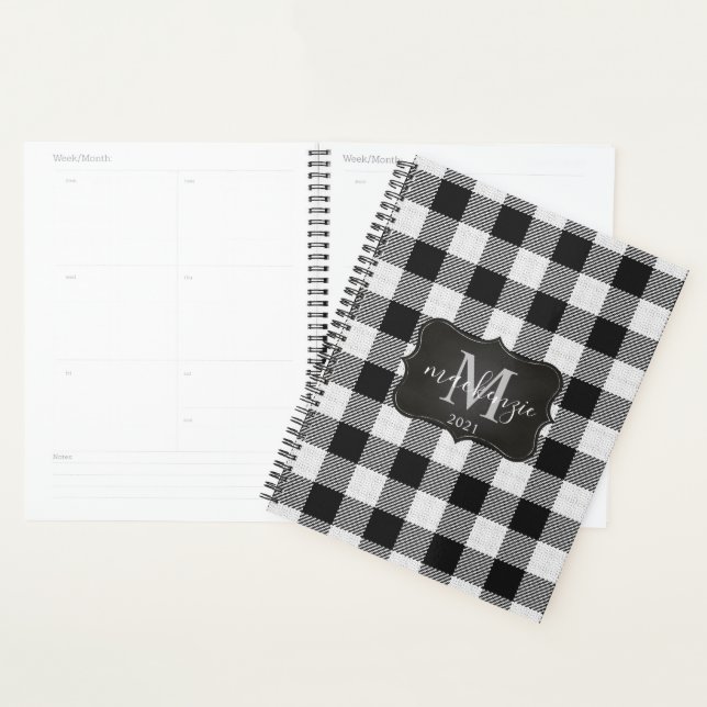 Modern Trendy Black & White Buffalo Plaid Mongram Planner (Display)