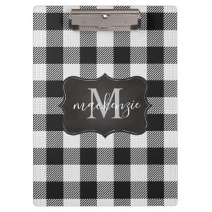 Modern Trendy Black White Buffalo Plaid Monogram Clipboard