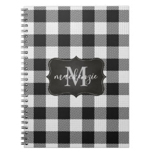 Modern Trendy Black White Buffalo Plaid Monogram Notebook