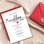 Modern Trendy Black White & Red Heart Wedding Invitation<br><div class="desc">Simple and modern yet elegant. Classic personalized black, white and red wedding invitations. Classy script calligraphy THE WEDDING OF with small heart in the middle. Text font, size and colour can be changed. Easy to edit cards. Back of card is red (change to match your wedding colour scheme - click...</div>