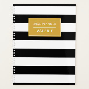 Modern Trendy Black White Stripe Custom Name Planner