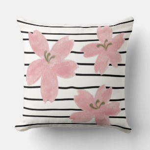 Modern trendy black white stripes japanese floral throw pillow