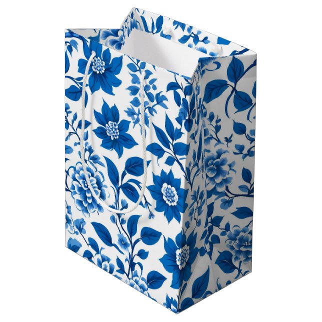 Modern trendy Blue and White chinoiserie flower Medium Gift Bag (Back Angled)
