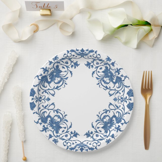 Modern trendy Blue and White Porcelain chinoiserie Paper Plate (Wedding)