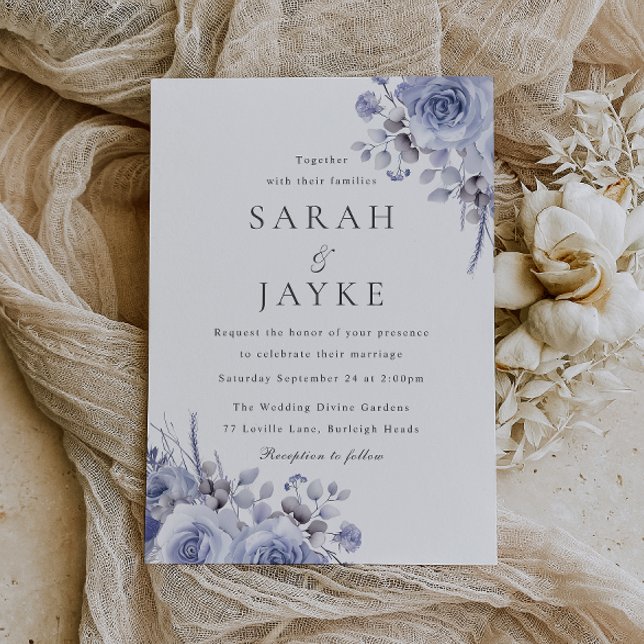 Modern Trendy Blue Boho Floral Wedding Invitation (Creator Uploaded)
