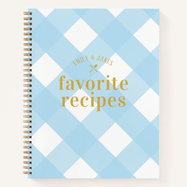 Modern Trendy Blue Gingham Newlyweds Recipe Book (Front)