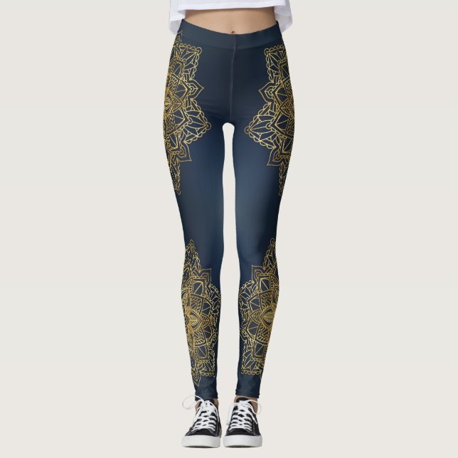 Modern Trendy Blue Gold Mandala Leggings (Front)