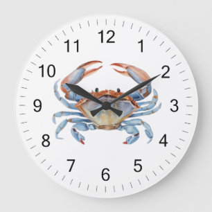 Modern Trendy Blue Watercolor Crab Summer Beach  Large Clock