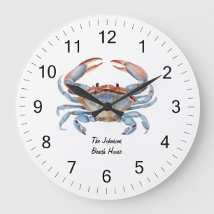 Modern Trendy Blue Watercolor Crab Summer Beach Large Clock