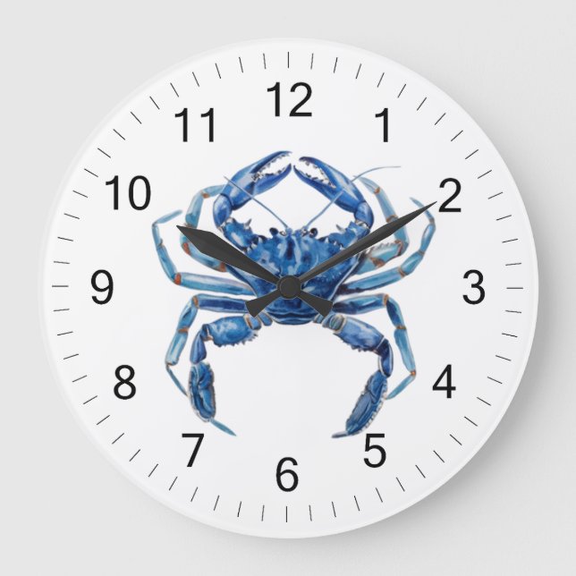 Modern Trendy Blue Watercolor Crab Summer Beach Large Clock (Front)