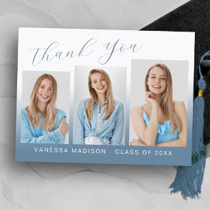 Modern Trendy Blue & White 3 Photo Grad Thank You Postcard