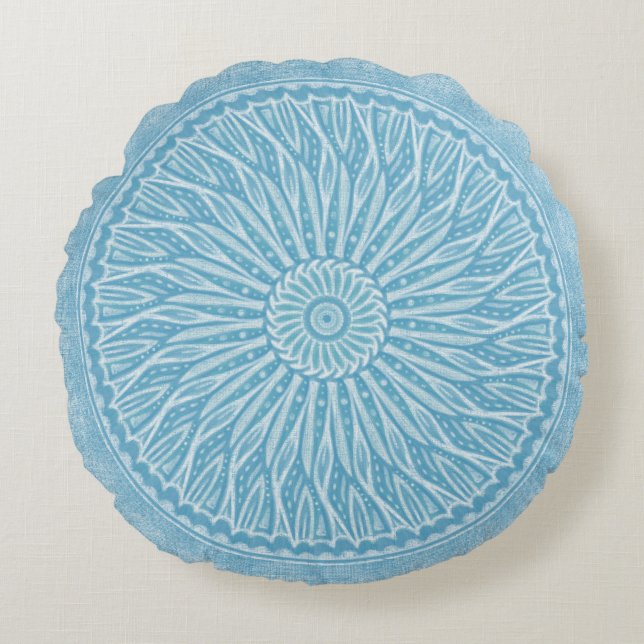 Modern trendy blue white and turquoise boho design round pillow (Front)