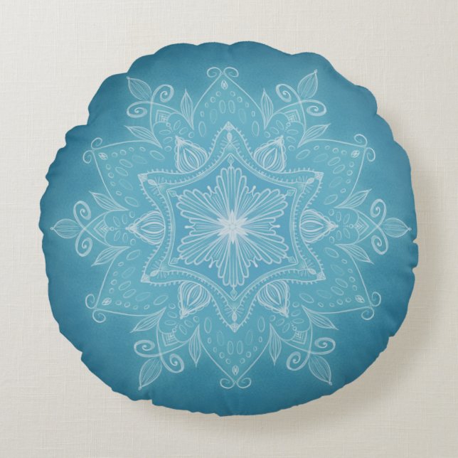 Modern trendy blue white turquoise boho mandala round pillow (Front)