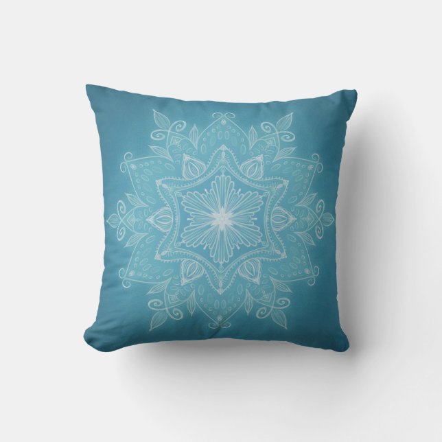Modern trendy blue white turquoise boho mandala throw pillow (Front)