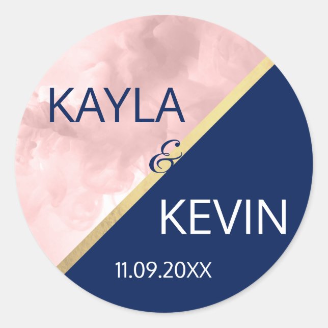 Modern Trendy Blush Pink Navy Blue Gold Wedding Classic Round Sticker (Front)