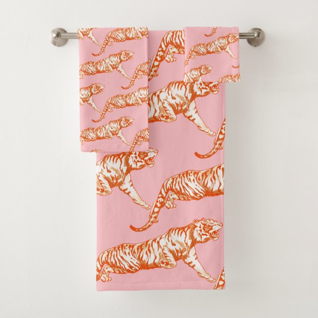 Modern Trendy Bright Orange Tiger on Pink Bath Towel Set (Insitu)