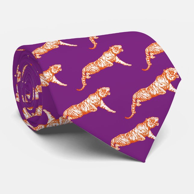 Modern Trendy Bright Orange Tiger on Purple Tie (Rolled)
