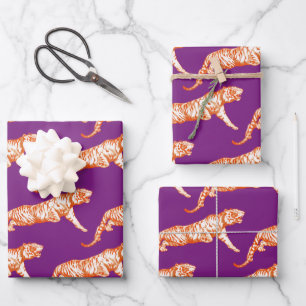 Modern Trendy Bright Orange Tiger on Purple Wrapping Paper Sheet