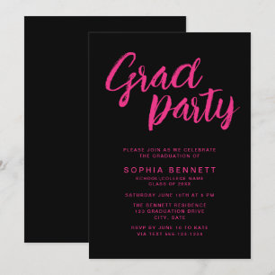 Modern Trendy Brush Script Black & Pink Grad Party Invitation