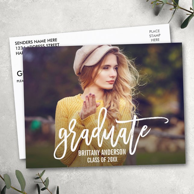 Modern Trendy Brush Script Photo Graduation Party Invitation Postcard (Customize to change your personalized text size or text style.)