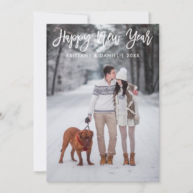 Modern Trendy Brush Script Photo Happy New Year Holiday Card (Front)