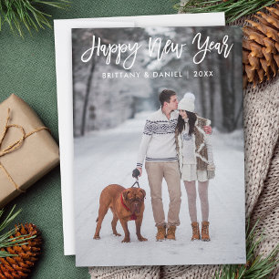Modern Trendy Brush Script Photo Happy New Year Holiday Card
