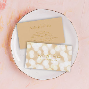 Modern Trendy Calligraphy Champagne Bokeh Lights Business Card