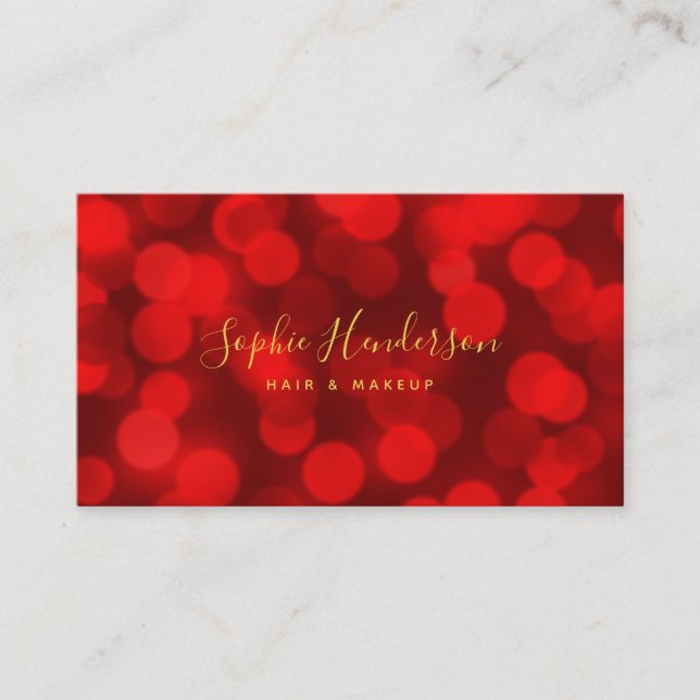 Modern Trendy Calligraphy Ruby Red Bokeh Lights Business Card (Front)